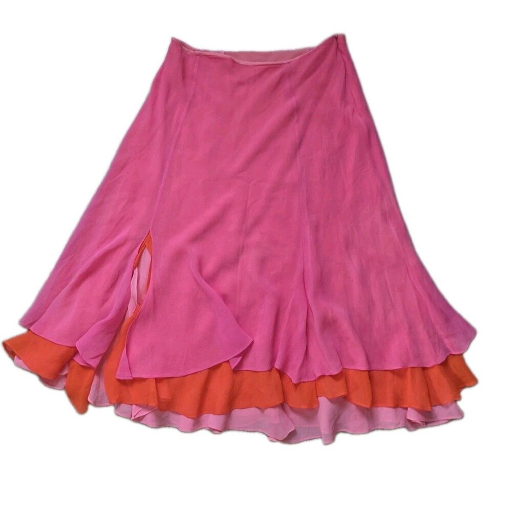 VTG Lauren Ralph Lauren Pink 100% Silk Ruffle Colorblock Skirt Side Zip FAIR